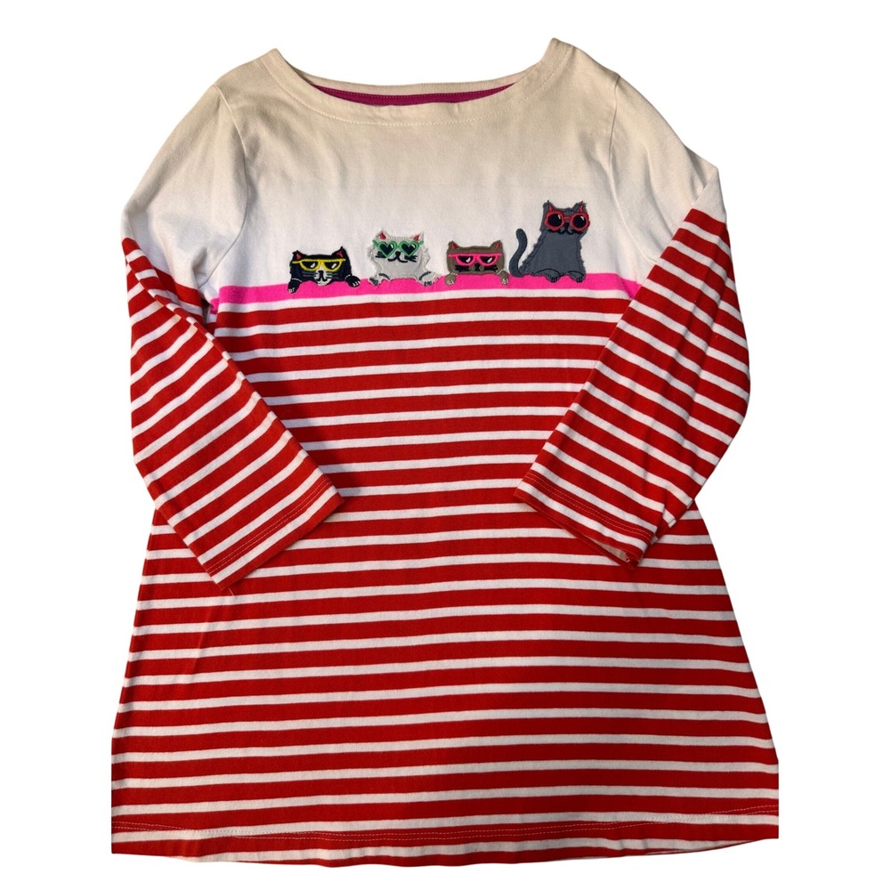 Mini Boden Girls Red White Striped Cat Sunglasses Jersey Dress 8-9Y 134cm